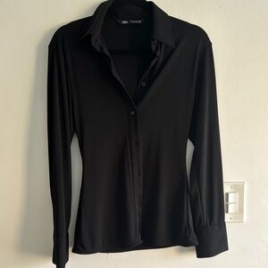 Zara Black V-Neck Long Sleeve Button Down Shirt